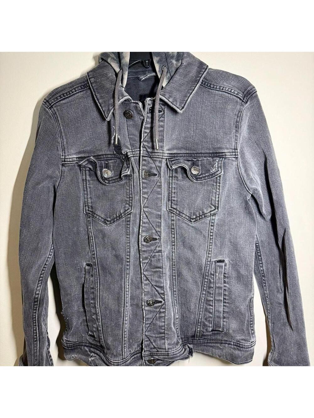 Hollister Epic Flex Gray Acid Wash Distressed Hooded Denim Trucker Jacket Medium